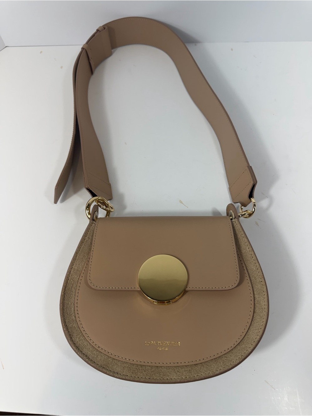 Le Parmentier Paris Beige Leather Suede Saddle Crossbody Bag Gold Hardware